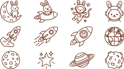 Space exploration and cosmic adventure icons featuring bunnies, rockets, planets, and stars. © Sadhin