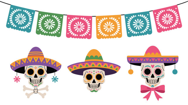 Three decorative sugar skulls wearing festive sombreros hang beneath a vibrant line of Mexican papel picado banners to celebrate the traditional Dia de los Muertos holiday.