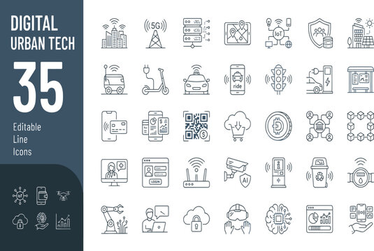 Set of 35 digital urban technology line icons Vector, illustration