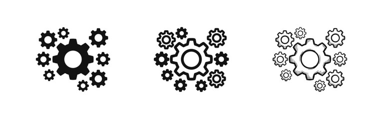 Settings and Mechanism Gears Icon Set in Solid, Outline and Hand Drawn Sketch Styles © drawing lines