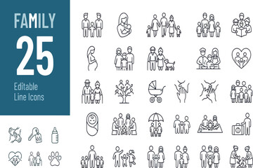 Fototapeta premium Set of twenty five hand drawn family line art icons Vector, illustration