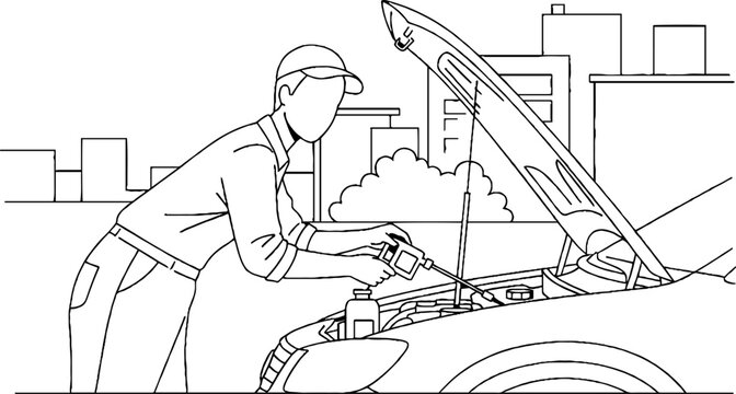 Mechanic inspecting car engine with open hood carefully.