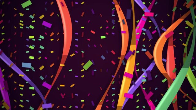 Seamless loop animation of colorful confetti and streamer ribbon falling on a dark party background