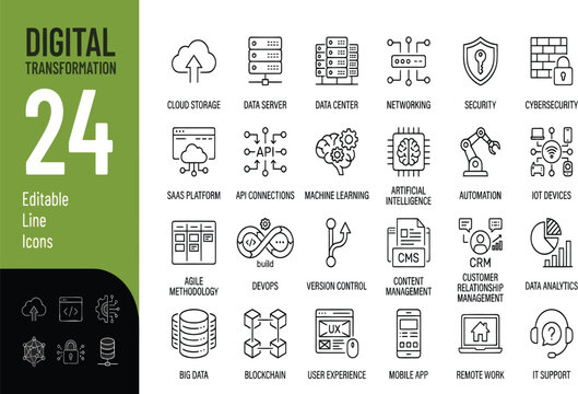 Set of 24 digital technology line art icons for web design Vector, illustration
