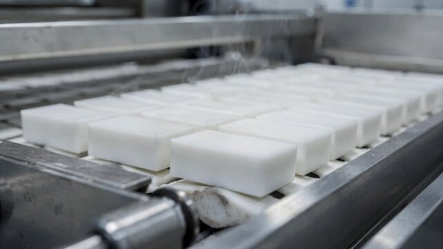 Closeup medium view of dustfree eraser blocks cooling after precise vulcanization in clean automated rubber processing equipment
