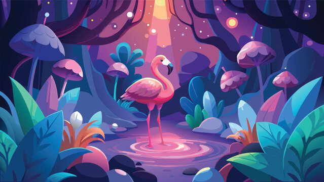 Flamingo stands in glowing mystical forest pool with bioluminescent plants during twilight