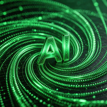 AI skyrmion magnetic storage, the letter "AI", stable magnetic skyrmions in a chiral ferromagnetic thin film, visualization of topological spin texture, green vortex-like skyrmion lattice.