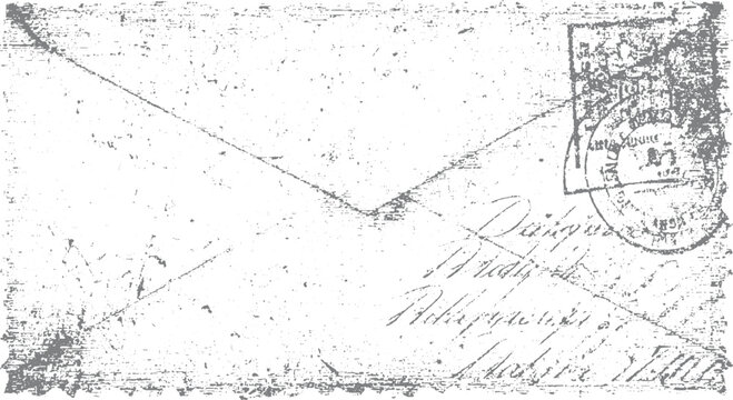 Vintage grey envelope with handwritten script and circular postmark paper texture