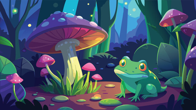 Frog in magical glowing mushroom forest at night with fireflies and bokeh lights vector illustration