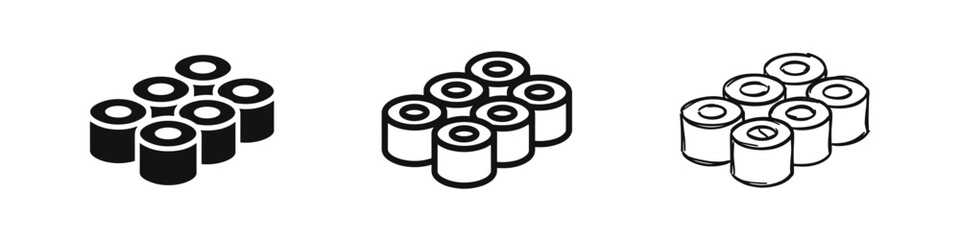 Japanese Sushi Roll Icons Set in Solid, Line and Hand Drawn Styles © drawing lines