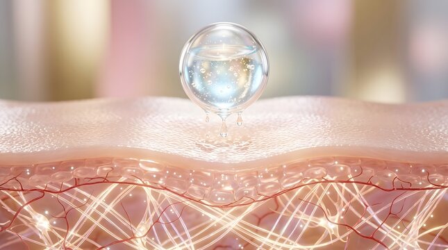 3d illustration of a serum drop on human skin surface, representing skincare, hydration, and dermatology, with visible skin layers and capillaries