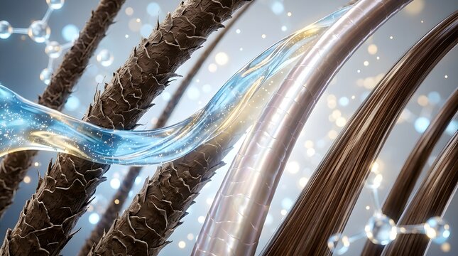 Microscopic view of hair strands with a glowing blue serum treatment repairing damaged hair cuticles and promoting healthy hair growth