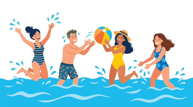 A group of four happy friends in colorful swimwear playing with a vibrant beach ball while standing in shallow ocean water during a sunny day at the seaside.