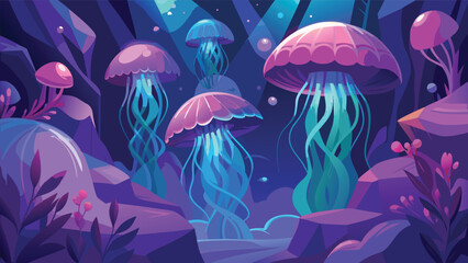 Glowing jellyfish drift in a luminous underwater cave with coral and plants during twilight © CreativeKamrul