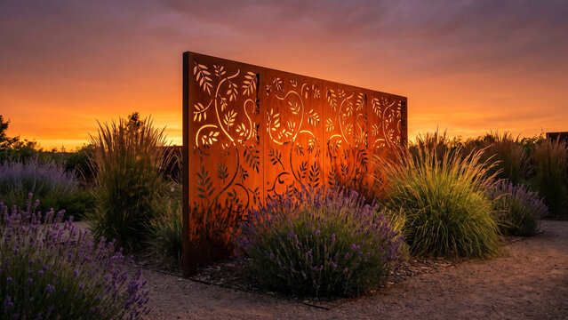 Decorative Cnc Pattern Metal Screen Glowing In Sunset Desert Garden Setting