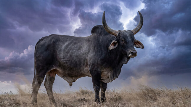 Powerful Black Brahman Bull With Curved Horns In Dry Field Under Stormy Sky