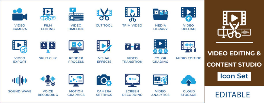 Video editing and content studio icon set featuring film cutting tools, timeline sequence, motion graphics, screen recording, audio production, and video analytics symbols.