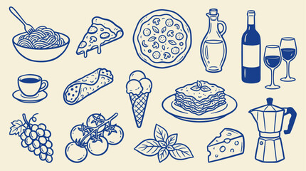 Hand drawn Italian cuisine collection featuring pizza pasta wine and traditional culinary elements in minimalist black line art doodle style isolated on white vector illustration background