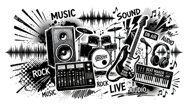 Music Production Montage: Rock Band Instruments, DJ Mixer, Sound Waves, Headphones