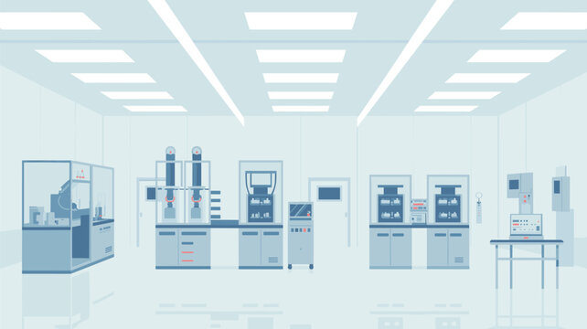 An automated manufacturing laboratory with sophisticated machinery inside glass enclosures is arranged across a sterile white room under bright ceiling lighting panels.