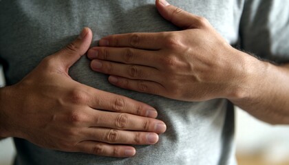 Fototapeta premium Pressing adult male hands flat against chest at home, showing heather gray T-shirt and forearms