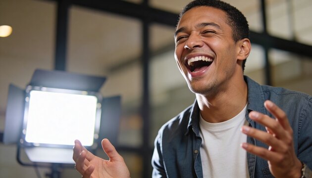 Laughing man gesturing hands beside LED panel light in studio, wearing white tee and denim shirt