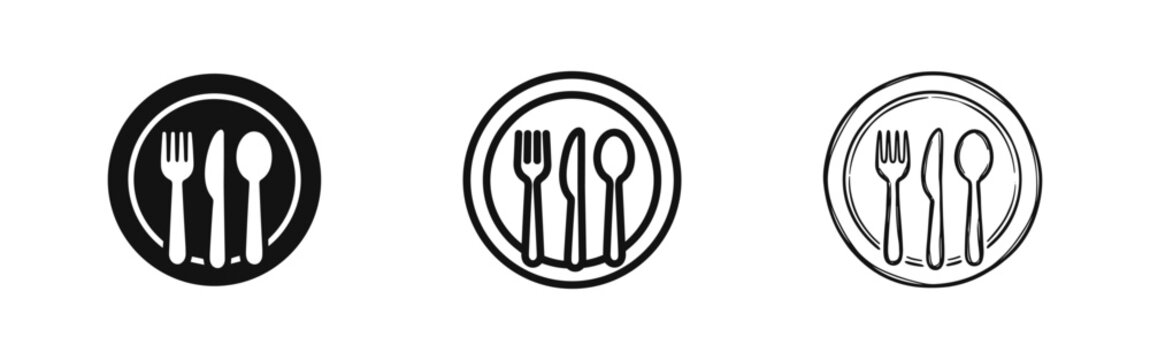 Restaurant Dining Cutlery Plate Fork and Knife Icon Set in Three Styles