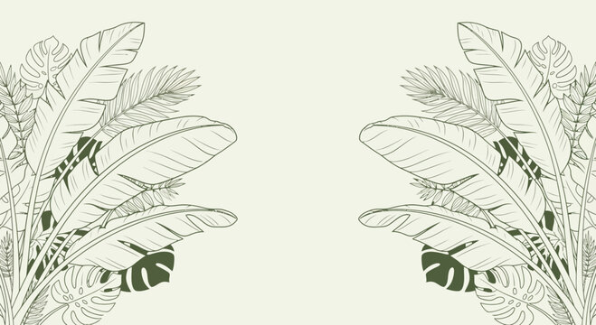 Tropical Jungle Leaves Border, Exotic Botanical Illustration, Greenery Background