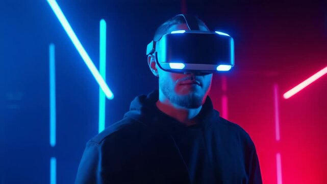 Adult man interacting with virtual reality interface under red and blue neon lights, metaverse technology concept, immersive digital experience, VR entertainment, futuristic simula