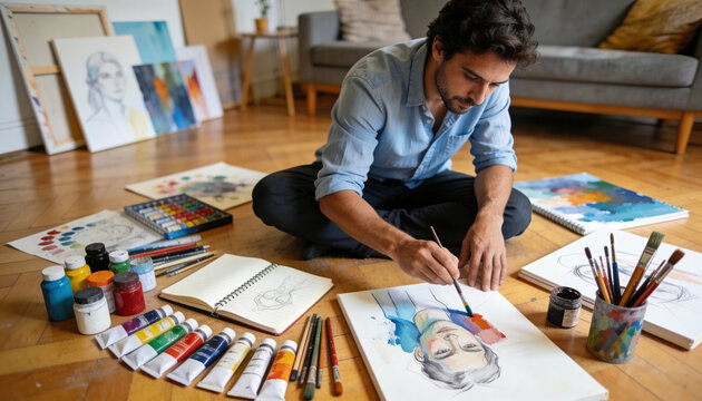 Painting artist in blue shirt adding watercolor portrait at home on floor, with brushes, canvases