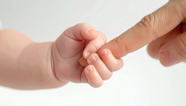 Close-up of a babys hand holding an adults finger, symbolizing connection and love.