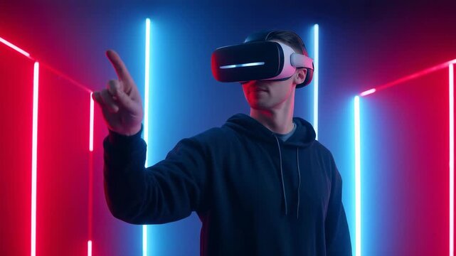 Adult man interacting with virtual reality interface under red and blue neon lights, metaverse technology concept, immersive digital experience, VR entertainment