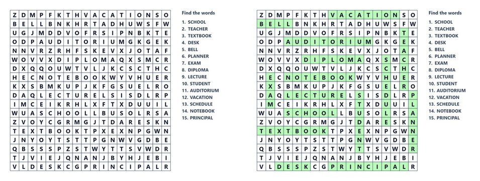 Word search with answer key related to education and learning  