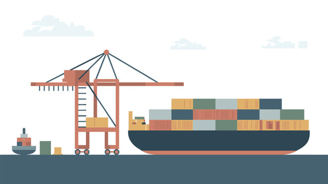A large industrial cargo ship filled with multi-colored containers is docked at a port terminal while being loaded by a large red mechanical crane system.