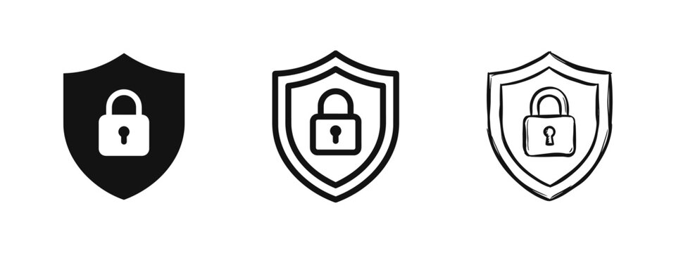 Security Shield and Padlock Icon Set in Solid, Outline, and Sketch Styles