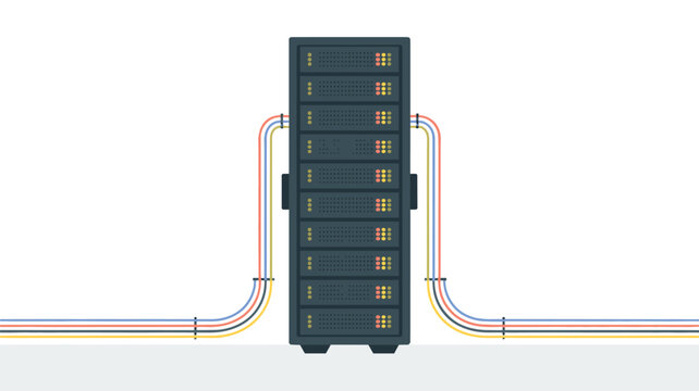 A centralized server rack tower features multiple colorful data cables extending outward against a neutral white background with detailed digital hardware connectivity aesthetics.