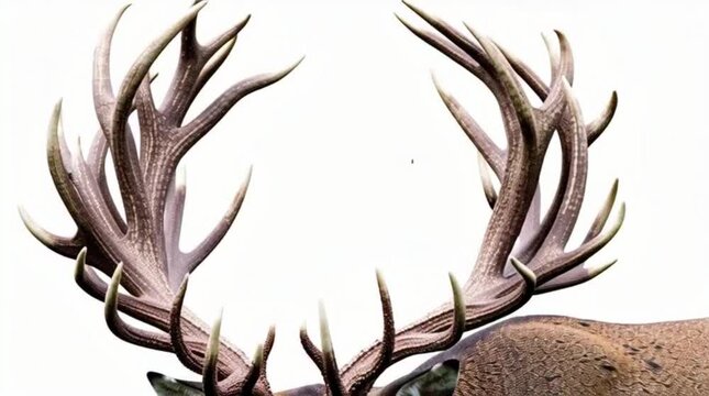 A deer head with large antlers facing forward against a white background.
