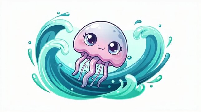 A cute pink jellyfish or octopus floating in blue water.