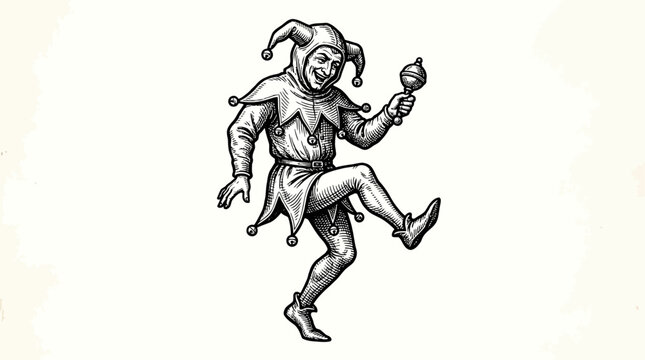 Jolly medieval jester character dancing in vintage engraving style vector illustration for traditional logo emblem woodcut graphic design and classic black and white artistic line art drawing.