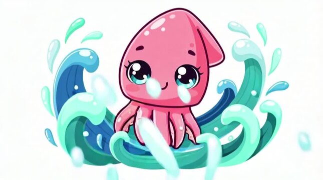 A cute pink octopus character splashing in blue water, similar to file 2.