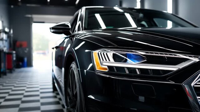 Black luxury car front in professional detailing garage with LED headlights, auto care service concept, ceramic coating, paint protection, premium vehicle maintenance, modern autom, car maintenance