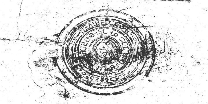 Distressed circular stamp with embossed text and cracks on textured white background seal