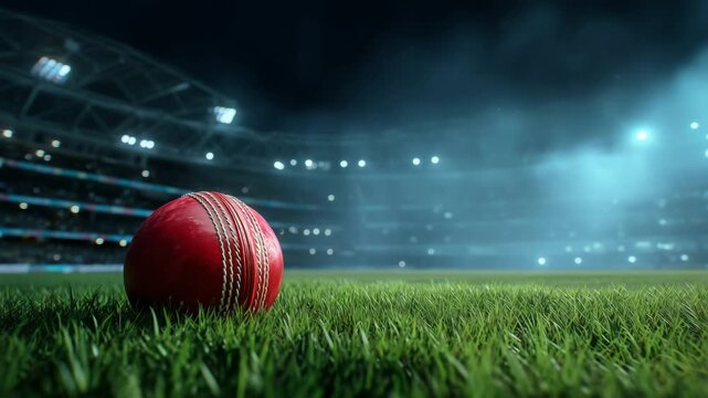 Cricket ball on green grass inside illuminated stadium, sports championship concept, dramatic arena lights, professional match atmosphere, competition, team sport, tournament