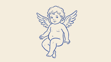 Obraz premium Artistic Blue Brush Line Sketch of a Celestial Winged Cherub Angel, Minimalist Hand Drawn Ethereal Infant Figure Vector Illustration, Heavenly Baby Silhouette Isolated on White Background
