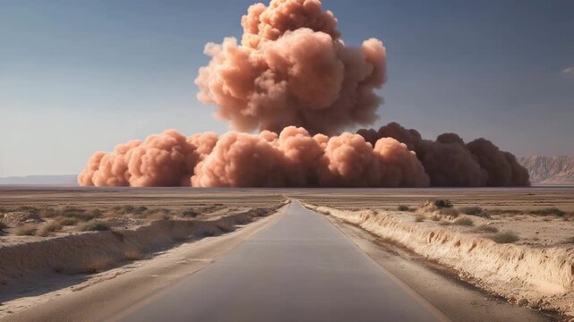 Distant mushroom cloud rising above town at sunset, crisis warning concept, disaster awareness, global risk, emergency preparedness, geopolitical tension, environmental