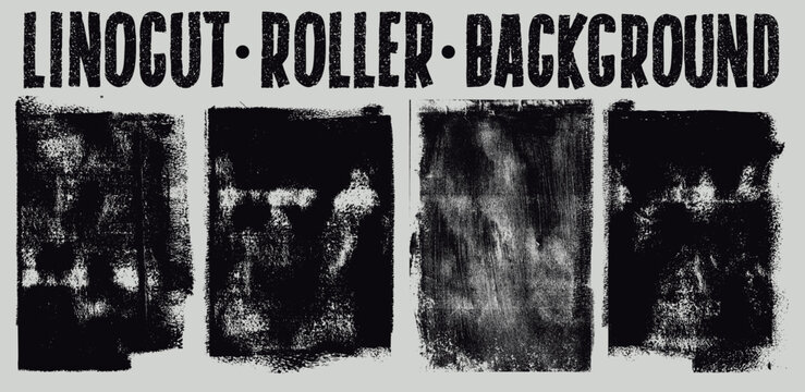 Linocut texture set with relief printing rectangles, wide rough stripes, paint roller stains. Grunge lino ink geometric shapes, artistic vector backgrounds, textured text frames for vintage print.