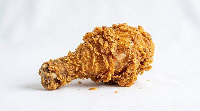 Crispy fried chicken leg on white background, close-up