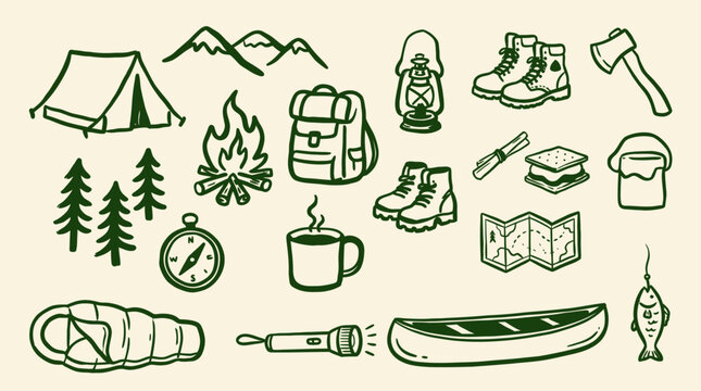 Artistic Hand Drawn Camping Doodle Icon Set Featuring Outdoor Adventure Equipment Vector Illustration for Nature Exploration and Summer Wilderness Journey Sketch Design Graphic