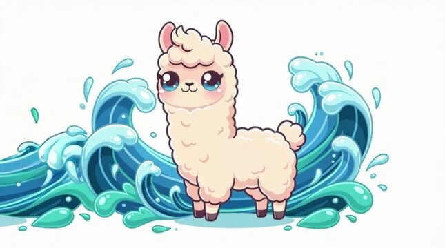 A cute alpaca or llama splashing in blue water.