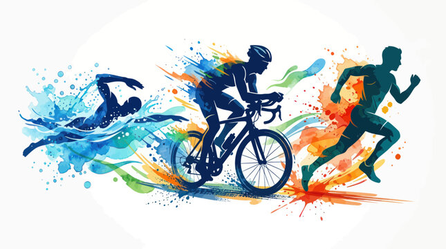 Triathlon Athletes: Swim, Bike, Run - Dynamic Watercolor Splash Art